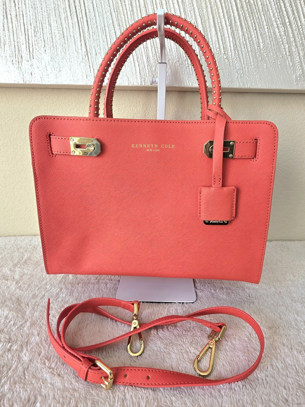 🧡 Kenneth Cole Coral Orange Top Handle Gold Studded Tote Bag Detachable Strap